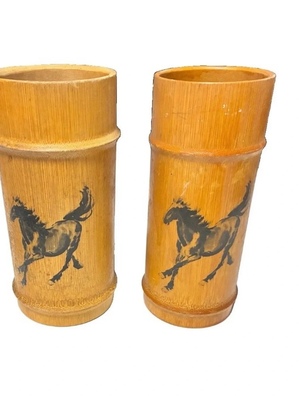 Vintage Asian Hand painted Bamboo Vases Lot of 2 Seven and 1/2 Inches Tall